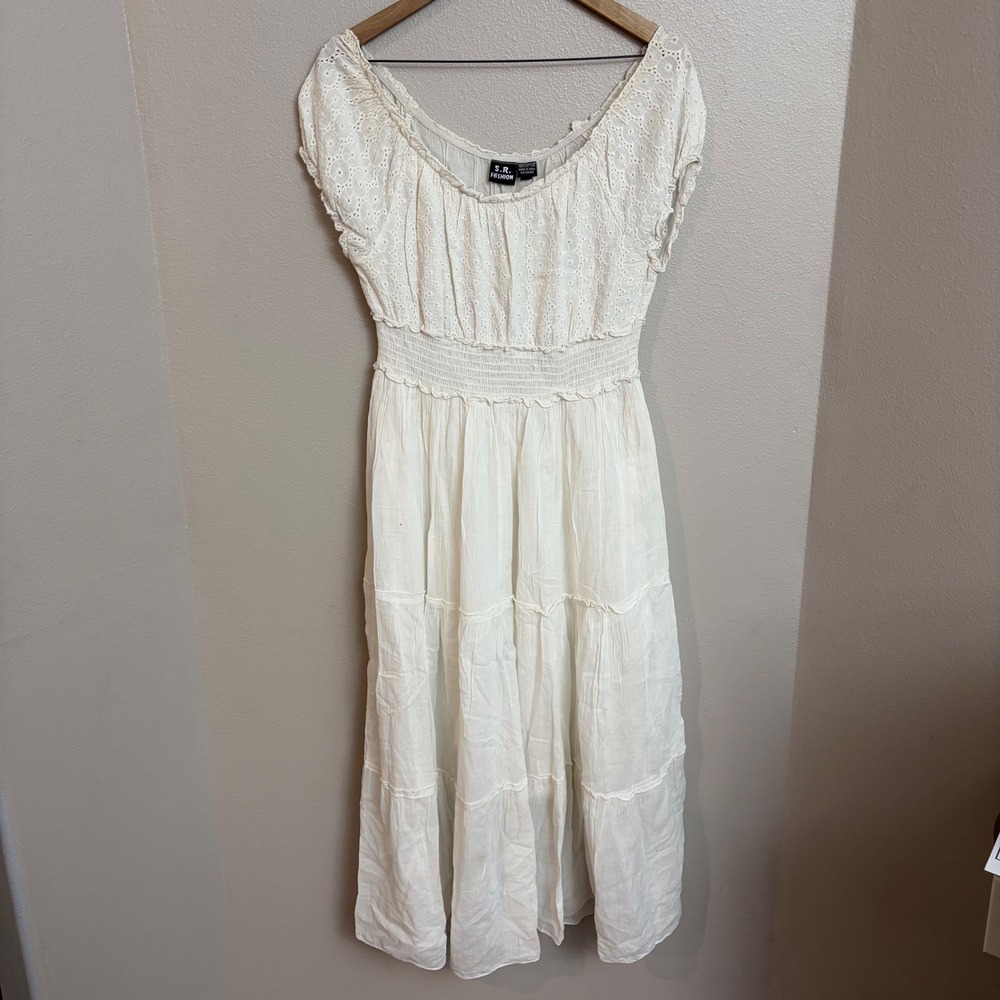 S.R. Fashion Cotton Eyelet Maxi Dress White Boho Peasant Renaissance